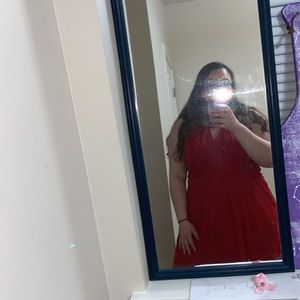 beaded collar red formal dress